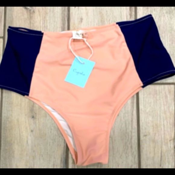 CUPSHE BIKINI Navy & Peach Color Block High Waisted Twisted Tie Plunge Top NWT - Picture 11 of 11